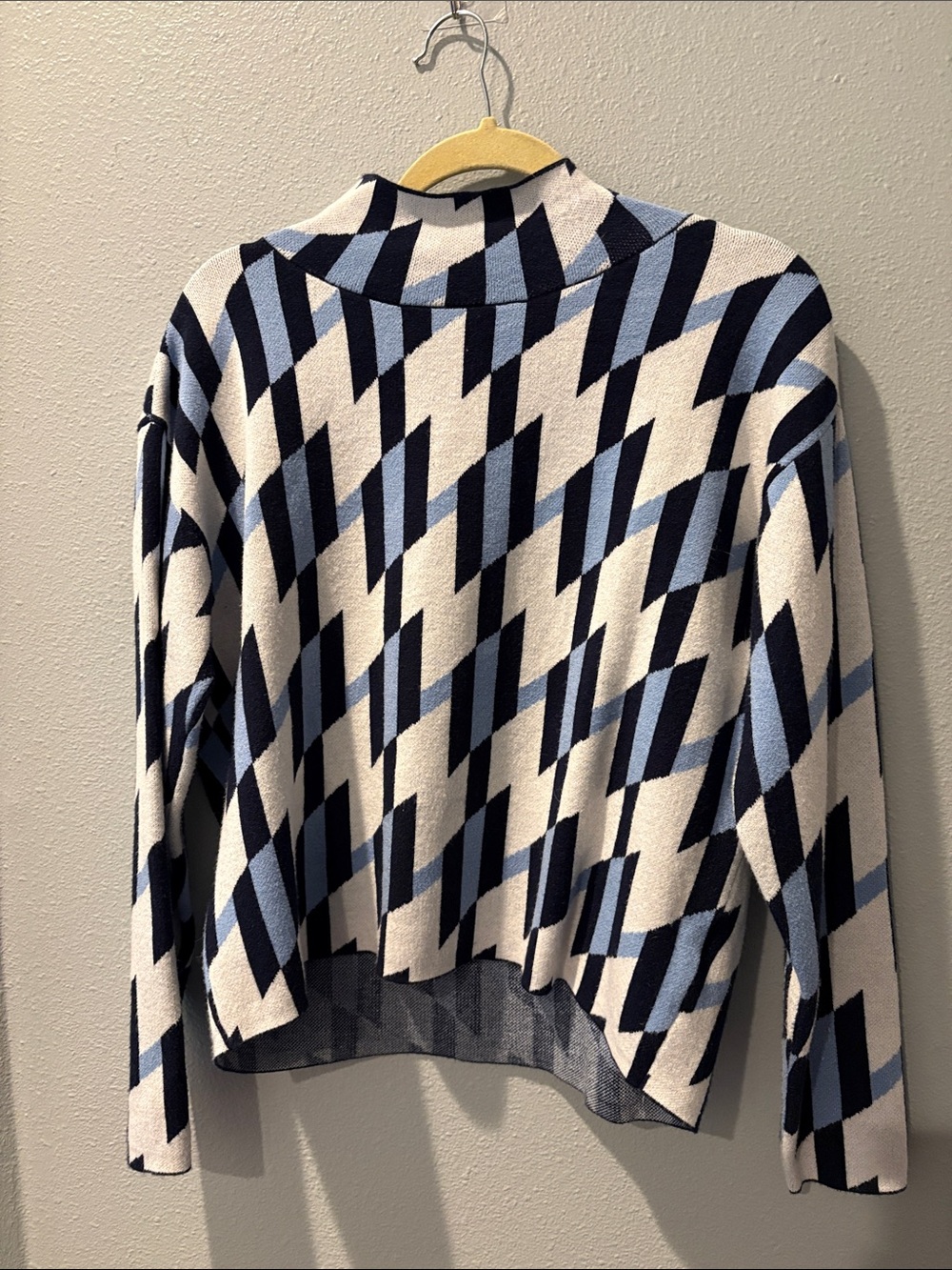 Anthropologie Maeve Navy Blue, Light Blue, and White Geometric Knit Sweater